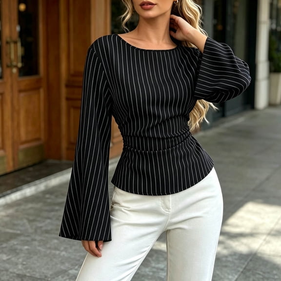 IUYRTFE Women's Striped Bell Sleeve Blouse Crew Neck Slim Fit Waisted Casual Fall Top