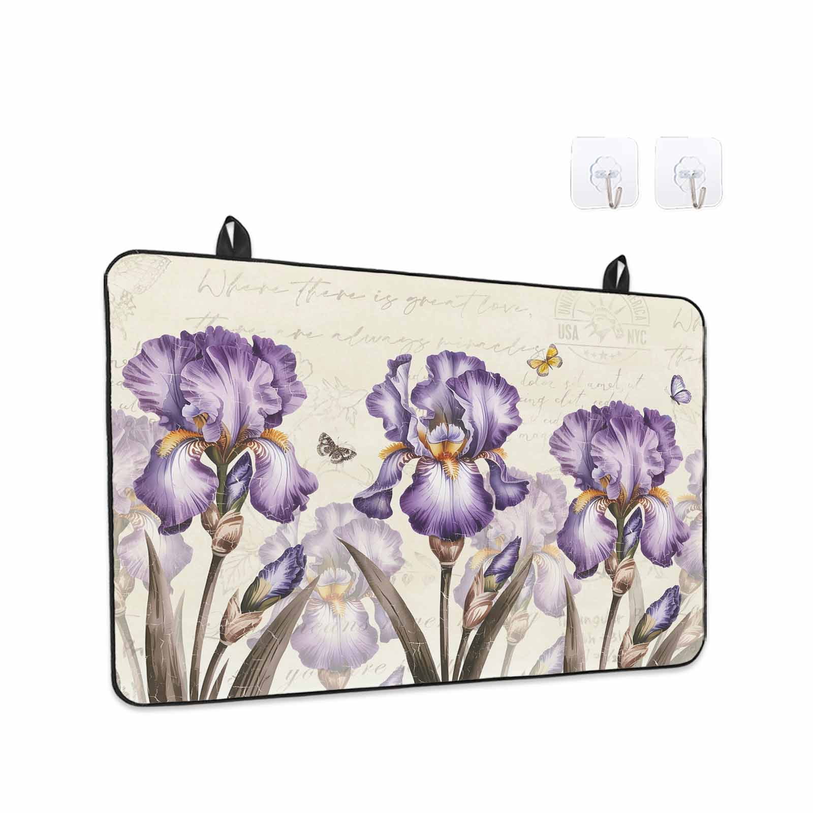 Purple Iris Stove Top Cover for Electric Stove, Heat-proof & Non Slip Glass Top Stove Cover Protector, Spring Vintage Butterfly Leaves Flowers Beige Kitchen Flat Cooktop Rubber Mat 24x21 Inches