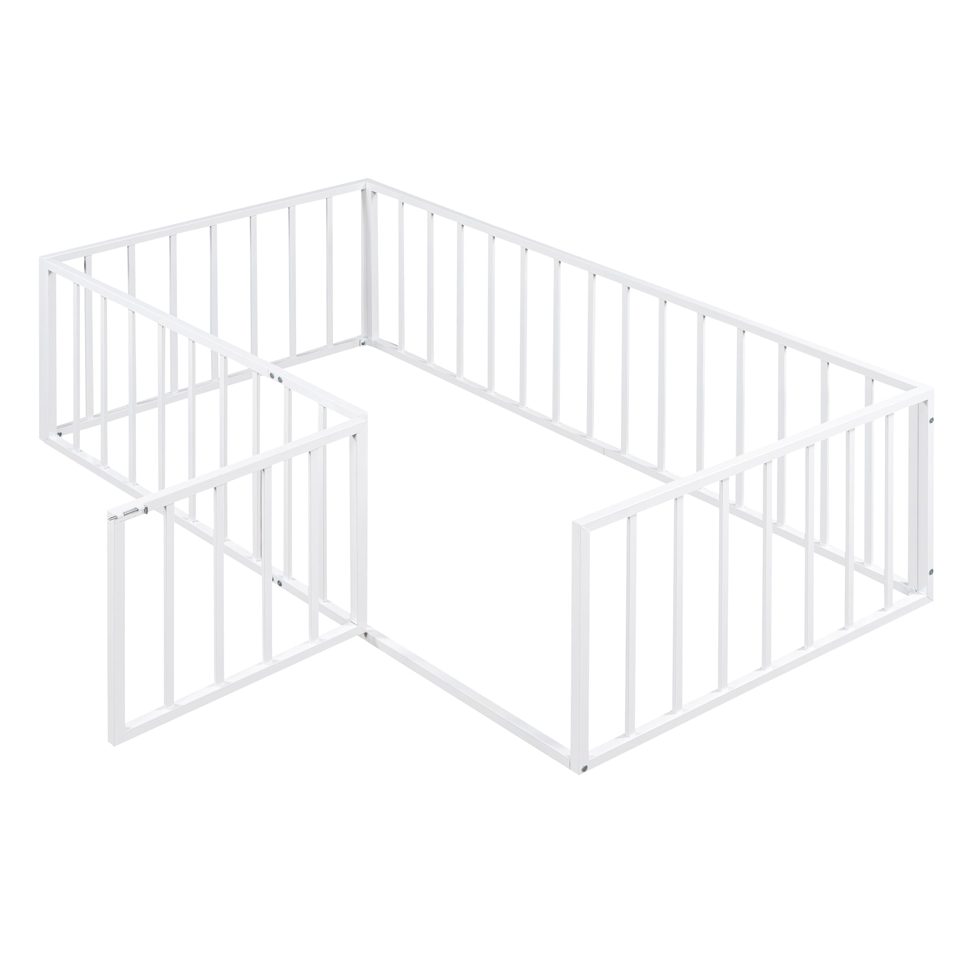 Twin Size Floor Bed with Fence and Door, Low Profile Metal Montessori Bed Frame with Slats Supports,Easy Assembly, No Box Spring Needed,White