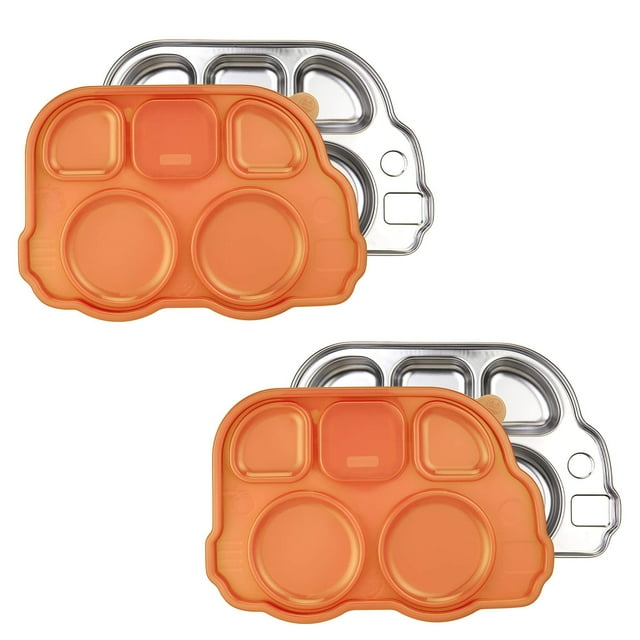 Innobaby Assiette de Bus en Acier Inoxydable avec Couvercle Sectionnel, Plateau Divisé Résistant aux Fuites, Forme Amusante Inventée par Maman pour Bébés, Tout-Petits et Enfants, Assiette Sans BPA, Orang