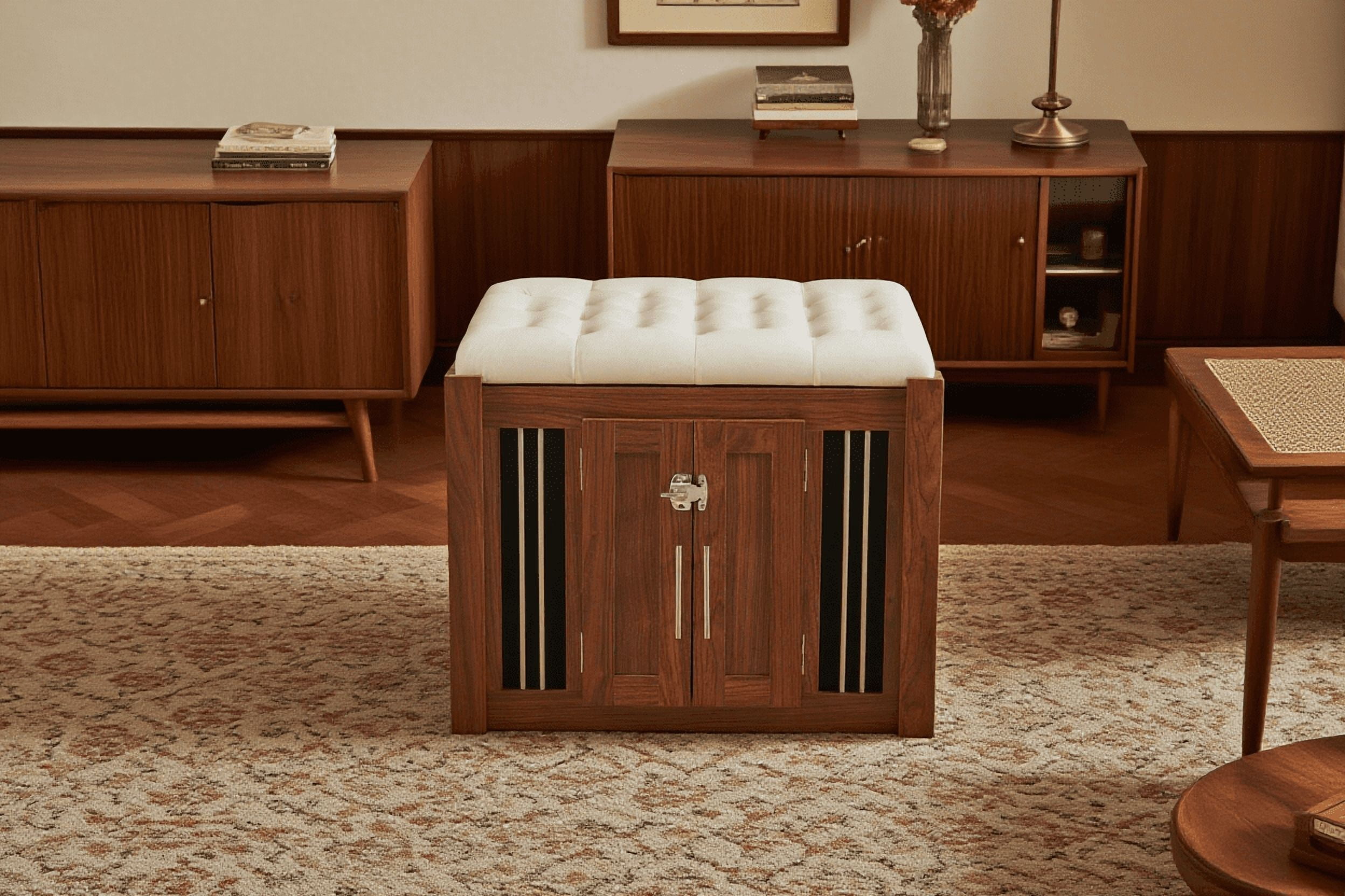 Euroco 30.25"L, Furniture Style 2 in 1 Dog Crate with Padded Seat, Sliding Barn Door, Luxury Wooden Dog Kennel, End of Bed Bench Ottoman with Removable Cushion for Bedroom, Living Room, Walnut