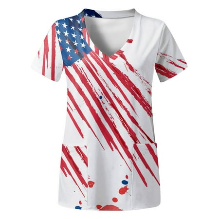 

Women Independence Day V-Neck Short Sleeve Pockets Printed Scrubs Top Uniform Nurses Clothing Workwear Simple Streetwear