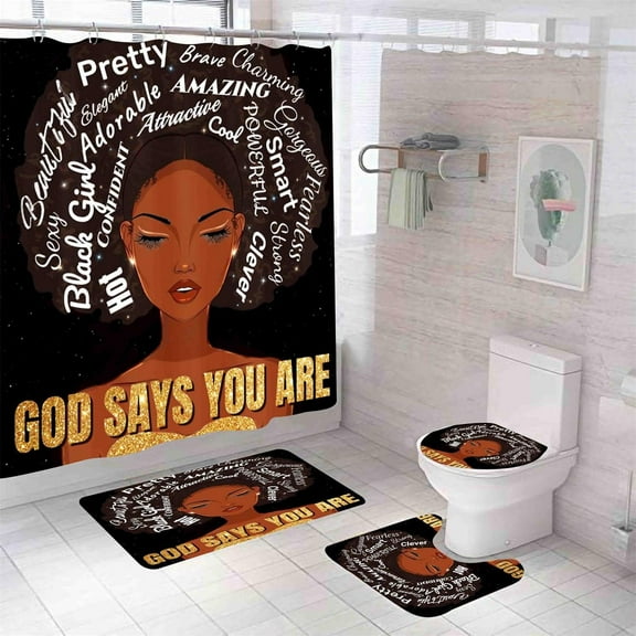 Black Queen Shower Curtain Sets with Rugs,Toilet lid Cover,Bath Mat and 12 Hooks,African American Girl Bathroom Decor Sets,Afro Woman Shower Curtains with Accessories