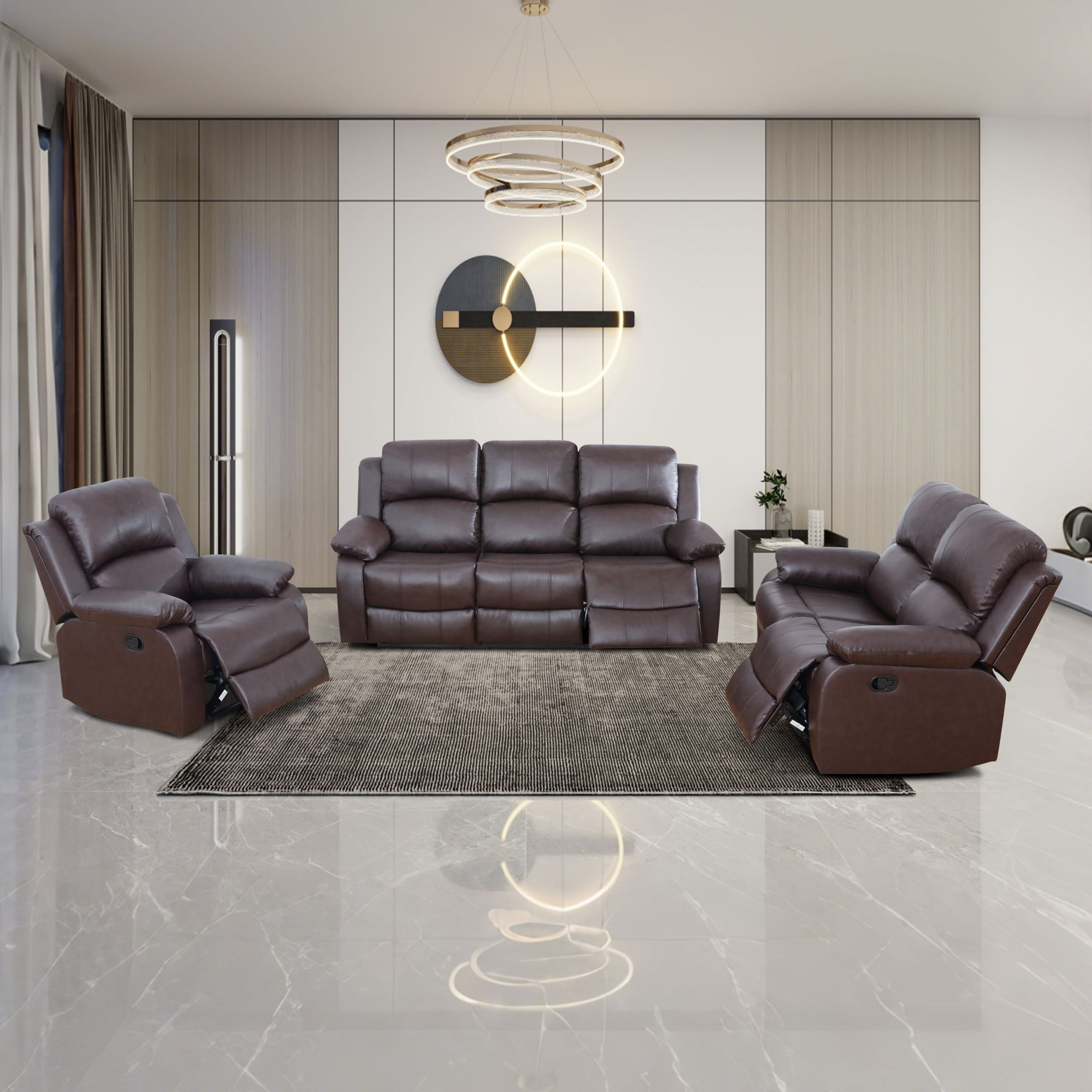 Gewnee Brown 3-Piece Living Room Recliner Sofa Set,Air Leather Upholstery