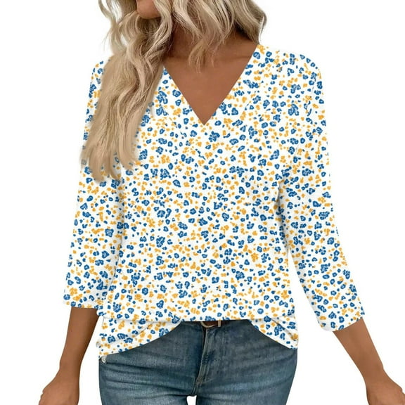 WTOBBY Women's Vintage Floral Print V-Neck Tunic 3/4 Sleeve Loose Fit Blouse Casual Comfort Top with Breathable Cotton Material,Blue L