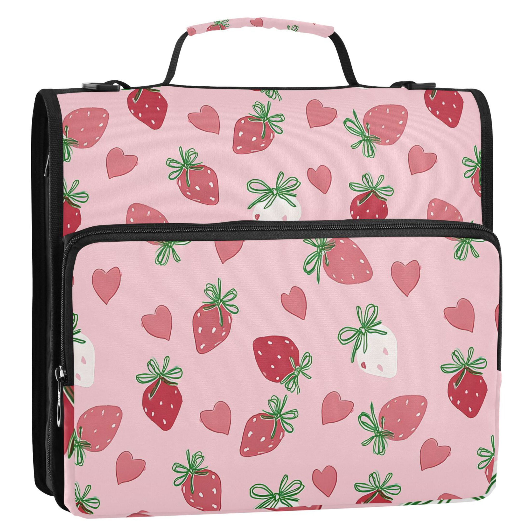 Zipper Binder Strawberry Bow Heart 1.5 Inch Binder Folder Bag with Shoulder Strap and Handle