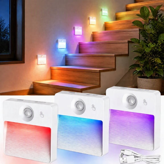 3 Sets RGBW Rechargeable Motion Sensor Stair Lights, Magnetic LED Lighting for Staircase, Closets & Bathrooms