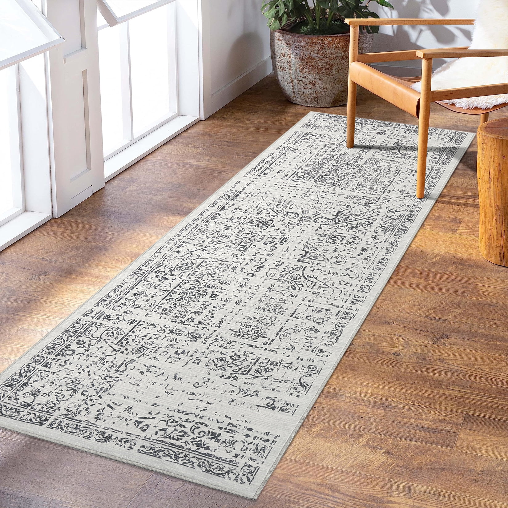 Hasoo 2' x 6' Runner Rug for Hallway Boho Vintage Rug Non Slip Floral Indoor Carpet, Gray