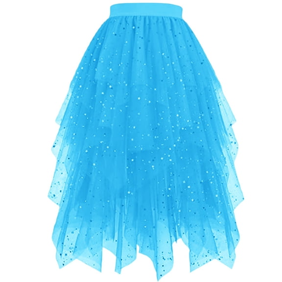 XIAONU Women Glitter Dot Print Tulle Midi Skirt Elastic Waist Asymmetric Layered Gown Party Prom Wear Skirts