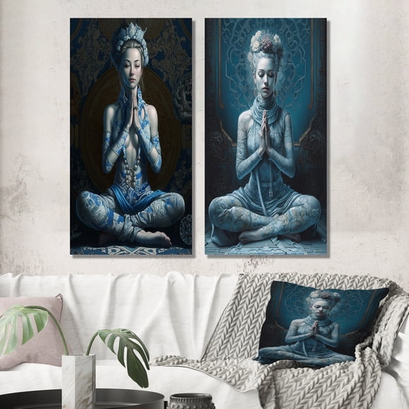 Designart "Spiritual Elegance Blue Yogini Meditation I" Yoga Wall Art Set Of 2 - Traditional Blue Wall Decor Set Of 2