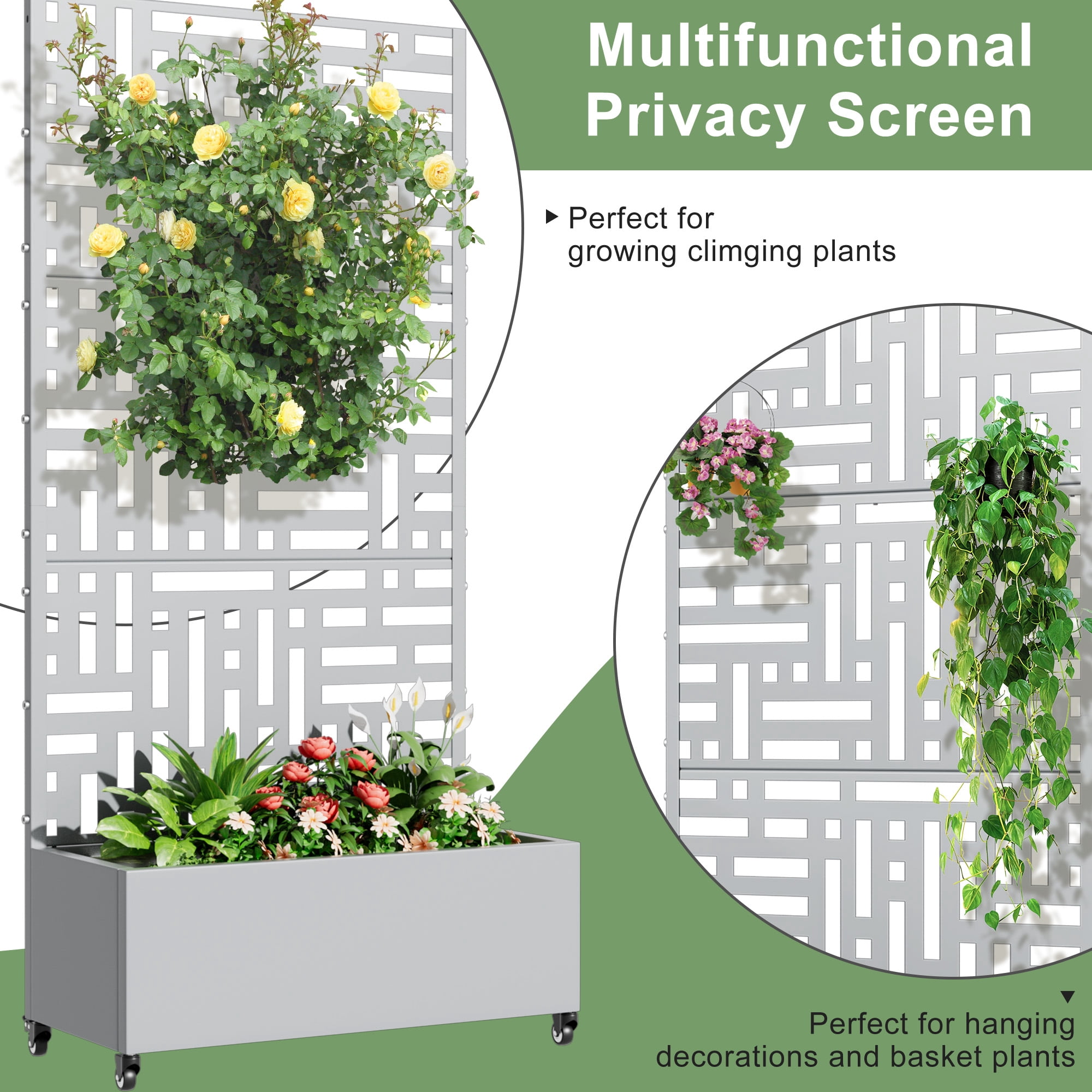 MAYEERTY 72.0"×35.4"×15.7" Gray Iron Planter Box with Trellis - Street-Inspired Design, Sturdy for Climbing Vines
