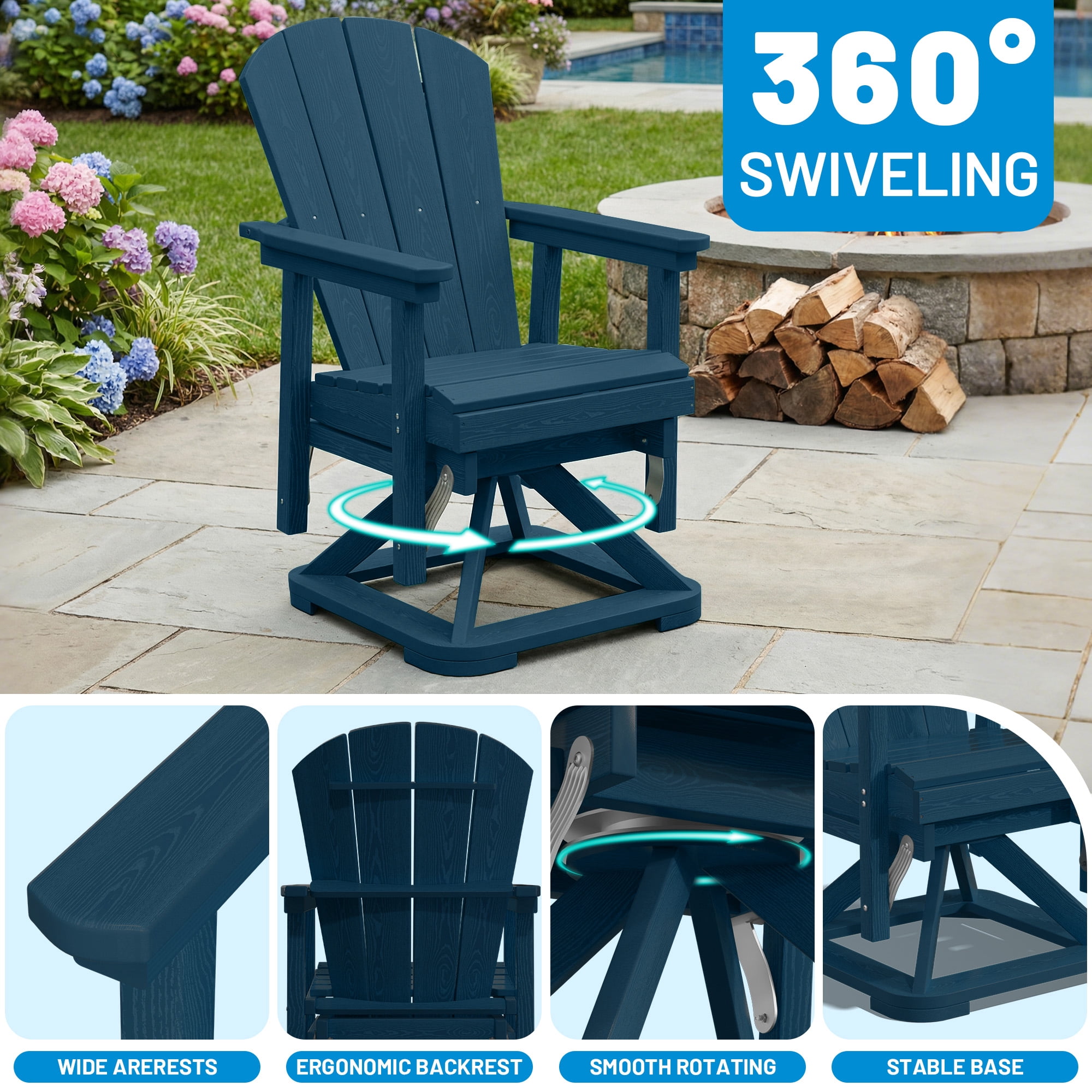 Easthome 360°Swivel Glider Adirondack Chair All-Weather HDPE Outdoor Rocking Chair with Ergonomic Backrest, Outdoor Swivel Rocker for Patio, Porch & Deck - Navy