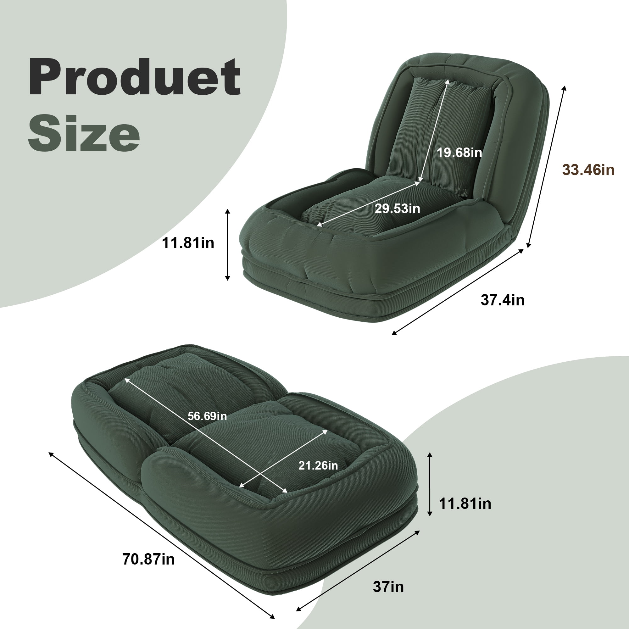 Upholstered Human Dog Bed for Adults & Pets, 5-Position Adjustable Foldable Lazy Sofa Bed with 2 Pillows, Corduroy Floor Recliner for Bedroom Living Room Reading Corner