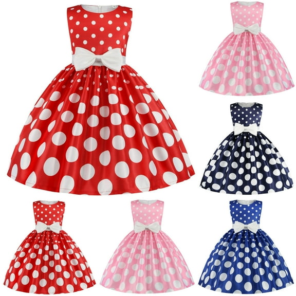 Axiiglly Girls Clothes Polka Dot Girls Dresses Crew Neck Sleeveless Princess Dress Vintage Bow Knot Holiday Birthday Tea Party Dresses