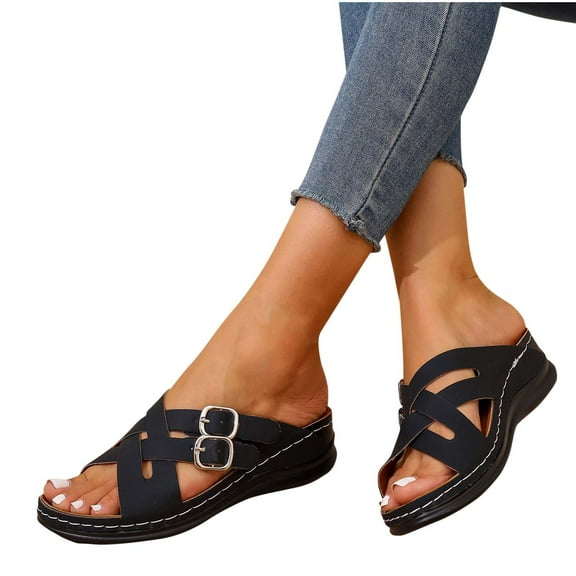 abtuhar Summer Sandals for Women,Sandals Women,New Solid Color Matching One-Foot Breathable Wedge Heel Sandals Black