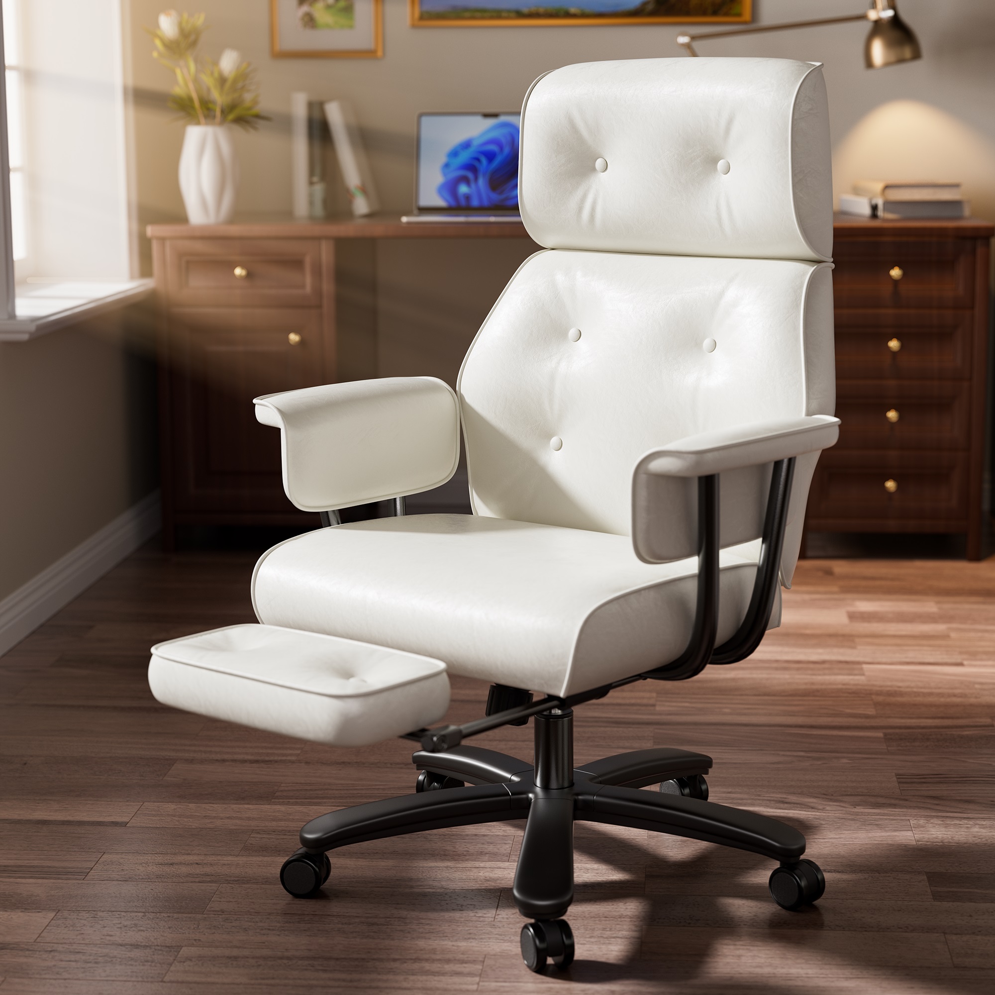 Ninecer Reclining Office Chair with Footrest, Big and Tall Desk Chair 400lbs, Adjustable Height Computer Chair, Thick Cushion & Lumbar Support, Swivel Office Chair with Arms, White
