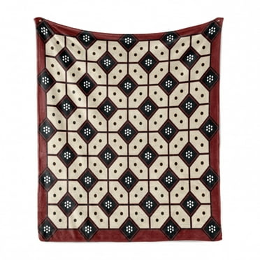 Ethnic Soft Flannel Fleece Throw Blanket, Javanese Batik Pattern Rhombus Mosaic with Dots Traditional Yogyakarta, Cozy Plush for Indoor and Outdoor Use, 50" x 70", Ruby Cream and Black, by Ambesonne