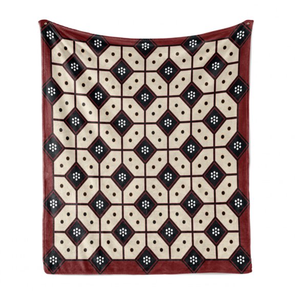 Ethnic Soft Flannel Fleece Throw Blanket, Javanese Batik Pattern Rhombus Mosaic with Dots Traditional Yogyakarta, Cozy Plush for Indoor and Outdoor Use, 50" x 60", Ruby Cream and Black, by Ambesonne