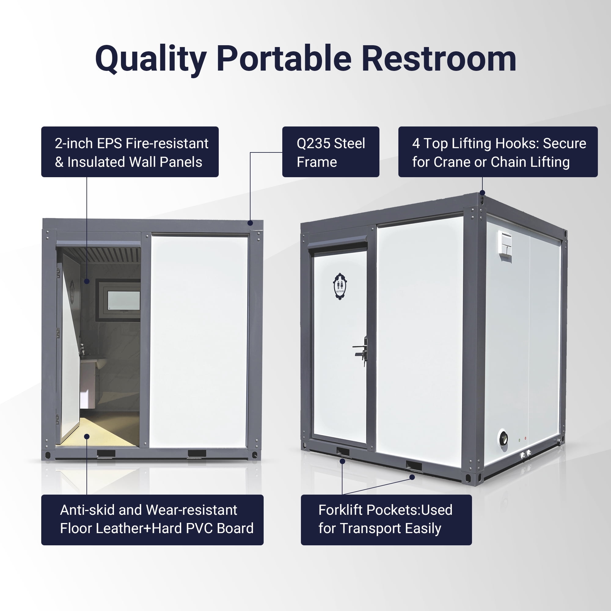 Portable Outdoor Shower Room with Toilet & Sink, Steel Frame Prefab Bathroom Shed, All-in-One Mobile Restroom for Camping & Construction Site
