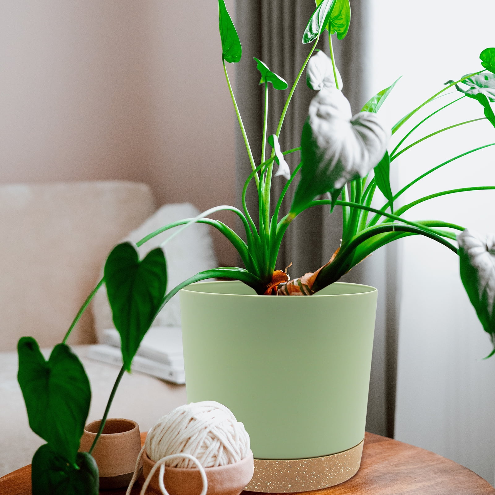 QCQHDU 2 Pack Plant Pot, Green Plastic Indoor Planter With Drainage Holes And Removable Base
