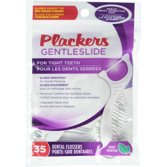 Plackers Gentleslide for Tight Teeth, Cool Mint Flavor with Tarter Pick, 35 Dental Flossers for Clean Teeth and Healthy Gums (Pack of 1)