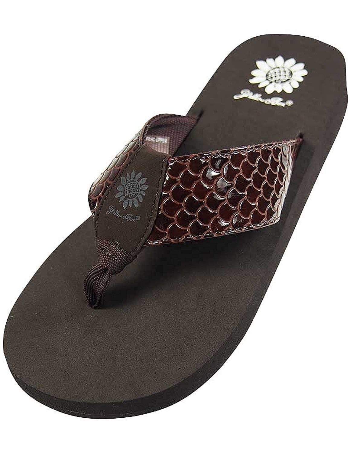 brown yellow box flip flops