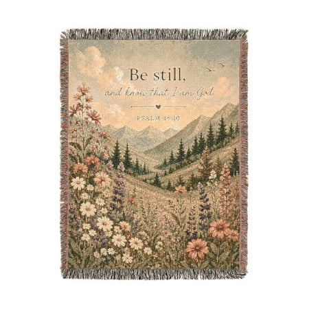 Psalm 46:10 Mountain Wildflower Art Woven Blanket 100% Cotton Inspirational Rustic Home Decor
