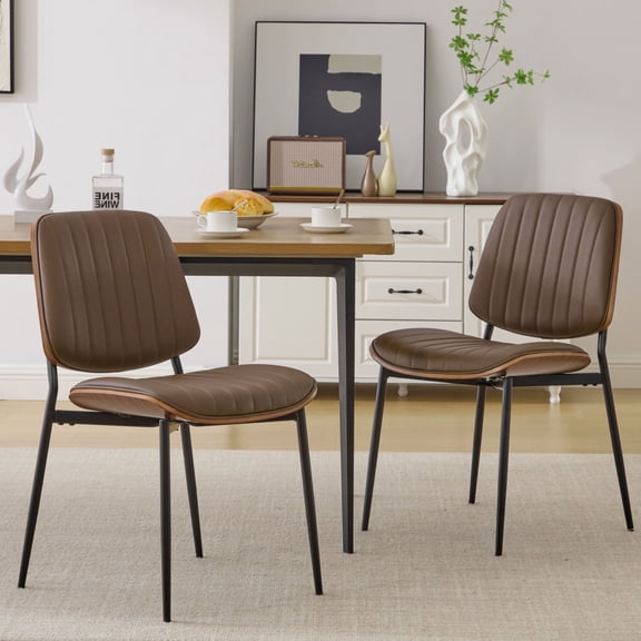 CQSXDA Dining Chairs Set of 2 in Retro Faux Leather with Bentwood Back Metal Legs for Kitchen and Dining Room Use, Brown
