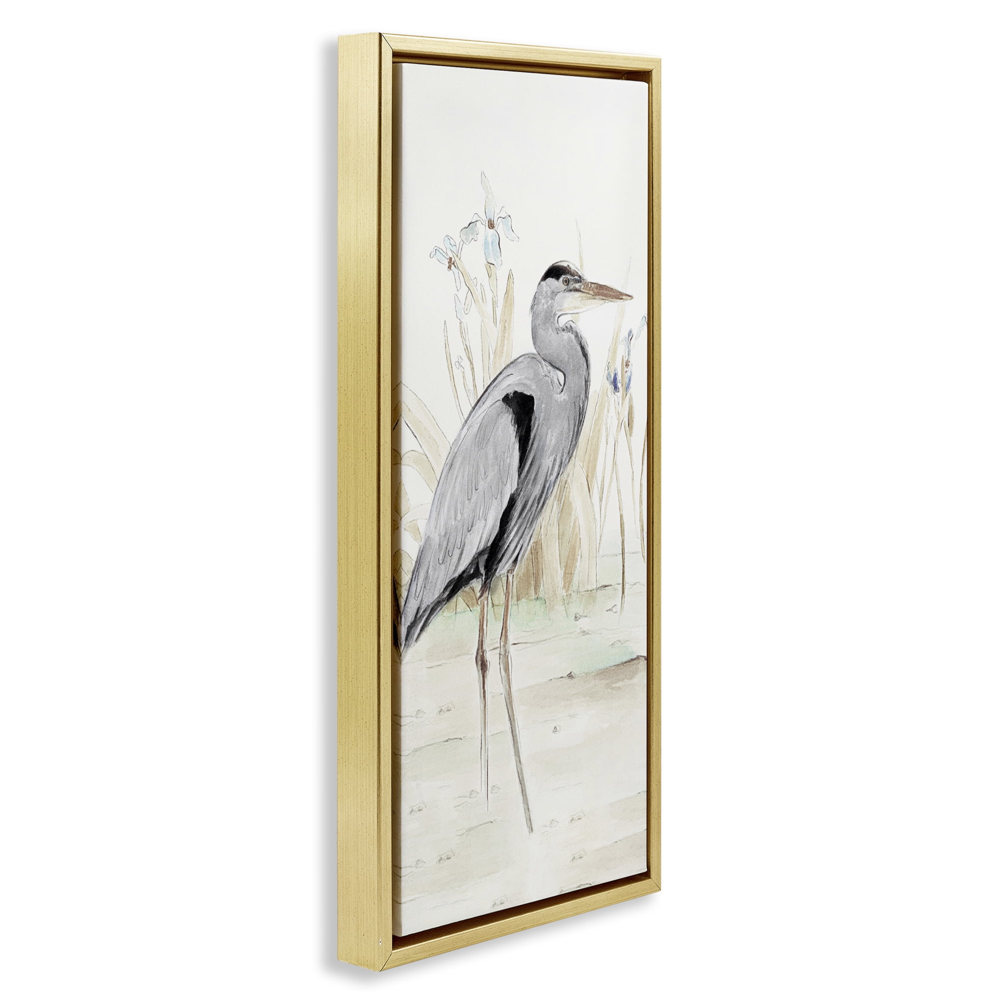 Stupell Industries Heron in Lake Drawing Animals & Insects Drawing Gold Floater Framed Canvas Art Print Wall Art, 15 x 31