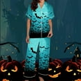 thumbnail image 3 of Pijama de manga corta con cuello vuelto para mujer, con bolsillos y estampado de Halloween, cintura elástica, de poliéster, 3 of 5