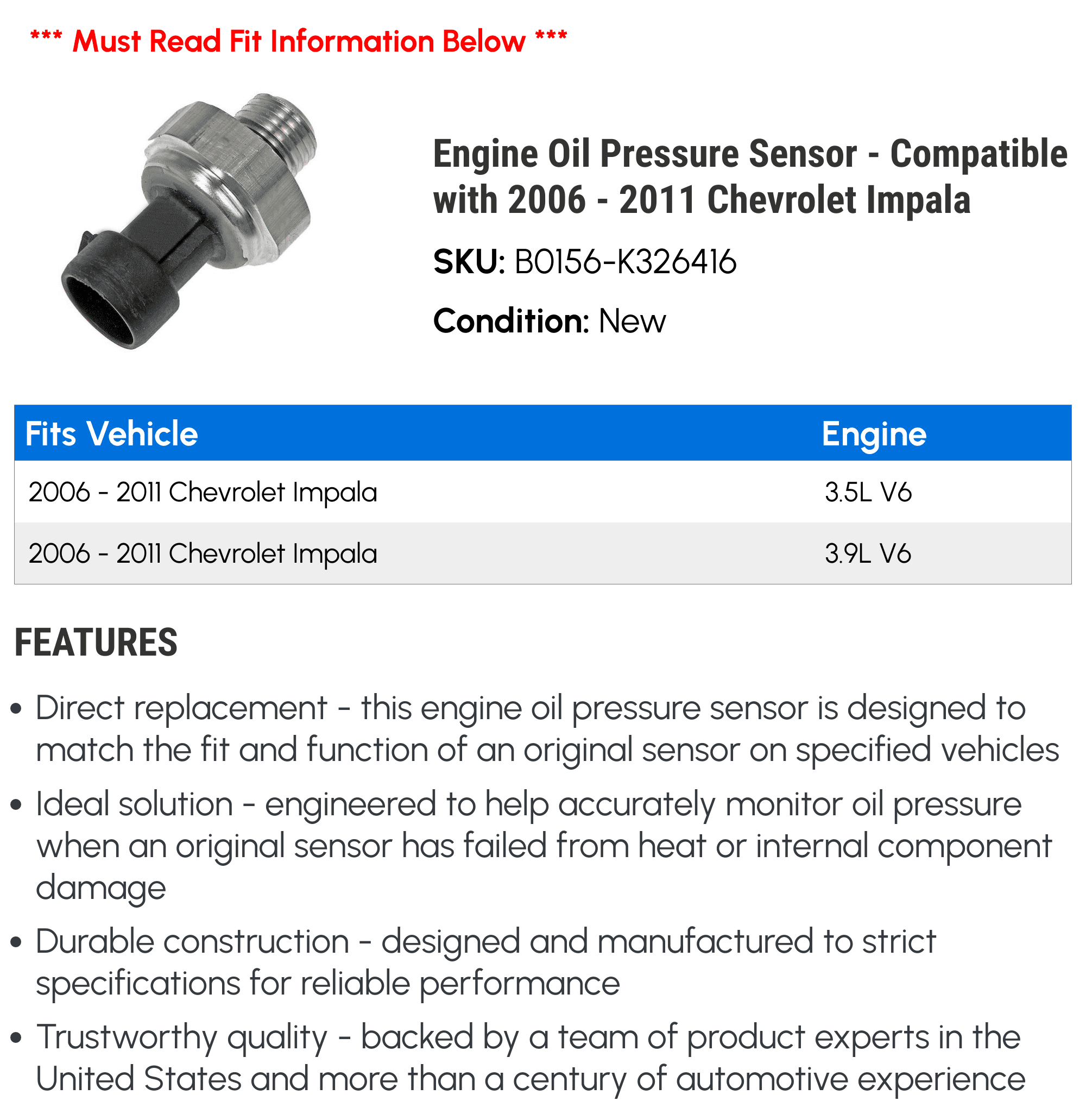 Engine Oil Pressure Sensor - Compatible with 2006 - 2011 Chevrolet Impala - Dorman