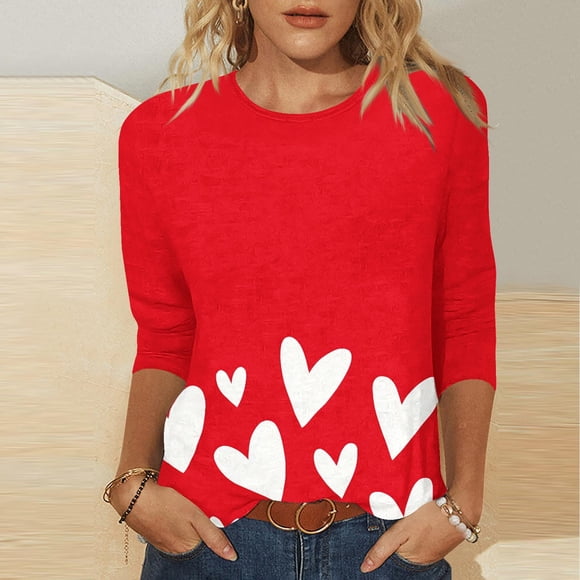 VKOYWKM Womens Heart T Shirts Valentine Shirts 3/4 Sleeve Tops Love Heart Graphic Tees Holiday Crew Neck Loose Fit Valentine Shirts Tunic Tops