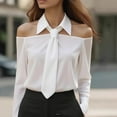 thumbnail image 3 of Women's Tie Neck Off Shoulder Blouse Elegant Long Sleeve Lapel Collar Work Shirts Dressy Casual Office Business Tops White M, 3 of 9