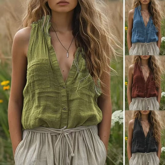 tasrioml Women Summer Shirt Stand Collar V-Neck Sleeveless Buttons Placket Shirt Tops Solid Color Casual Shirt