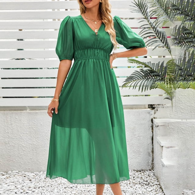 JMKQLZ Woman Fashion Comfortable Summer Solid Color Short Sleeve V-Neck Dress