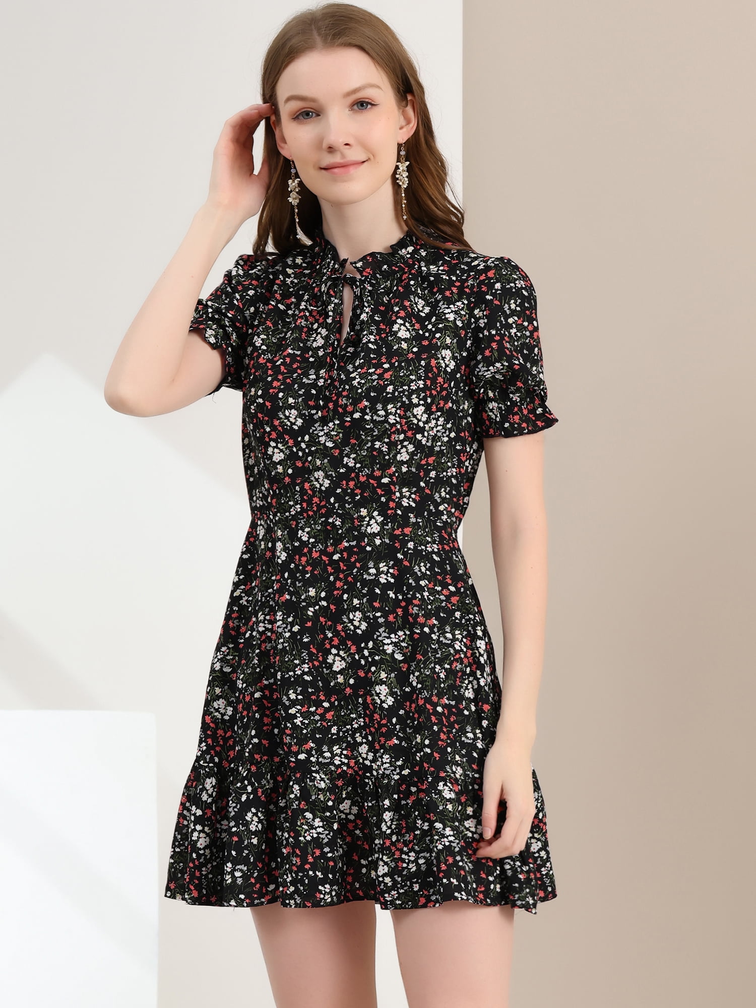 DARING DIVA Ruffle Floral Bow Tie Chiffon Puff Fit & Flare Dress XS Black-White