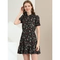 thumbnail image 3 of Vestido De Manga Abullonada Corta De Gasa Con Pajarita Floral Con Volantes Para Mujer Allegra K Negro verde flores rojas y blancas M, 3 of 6