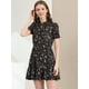 thumbnail image 3 of Vestido De Manga Abullonada Corta De Gasa Con Pajarita Floral Con Volantes Para Mujer Allegra K Negro verde flores rojas y blancas M, 3 of 6