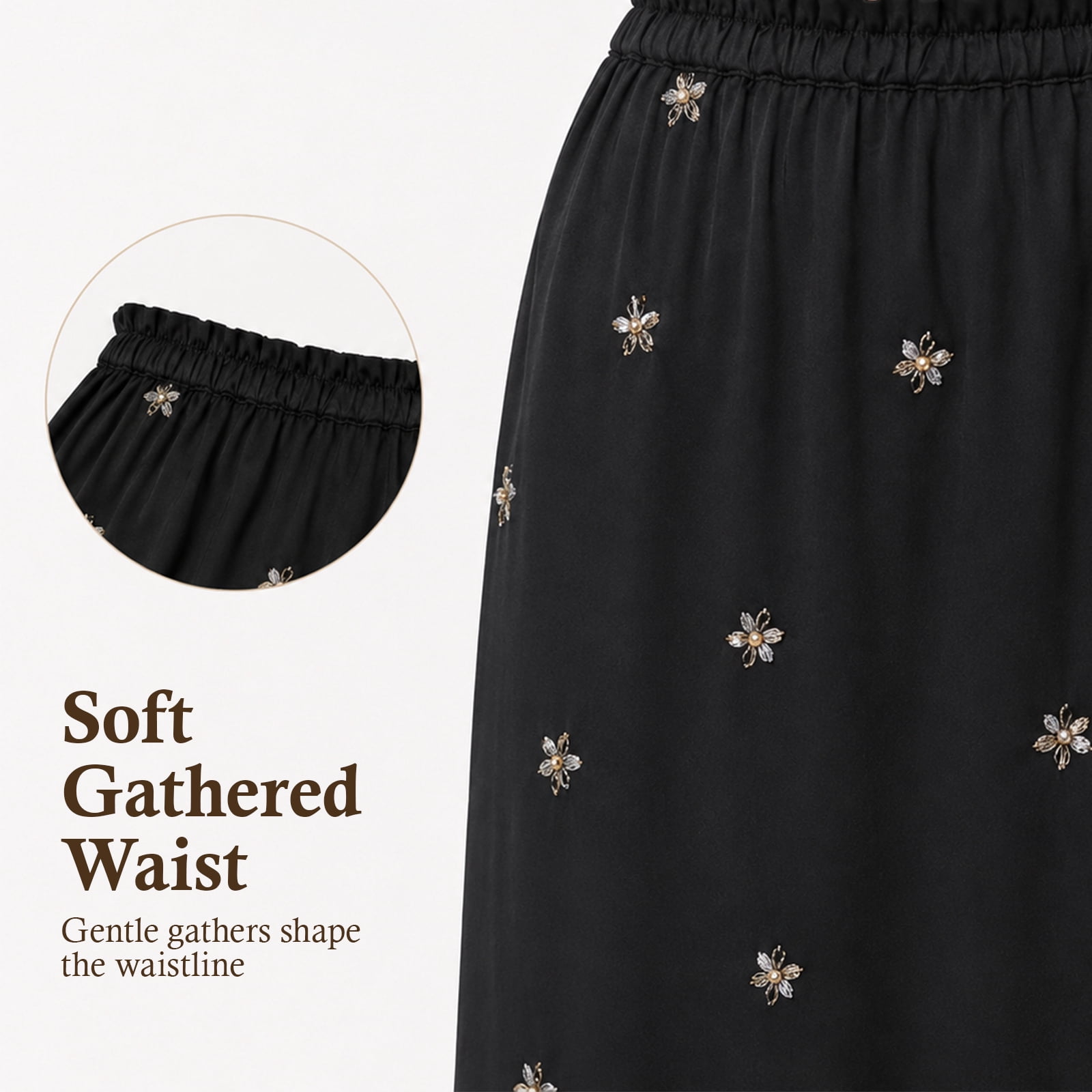 Alvantor Women's Embellished Midi Skirt, Pull-On Style with Gathered Waist and Stretch Lining, Black