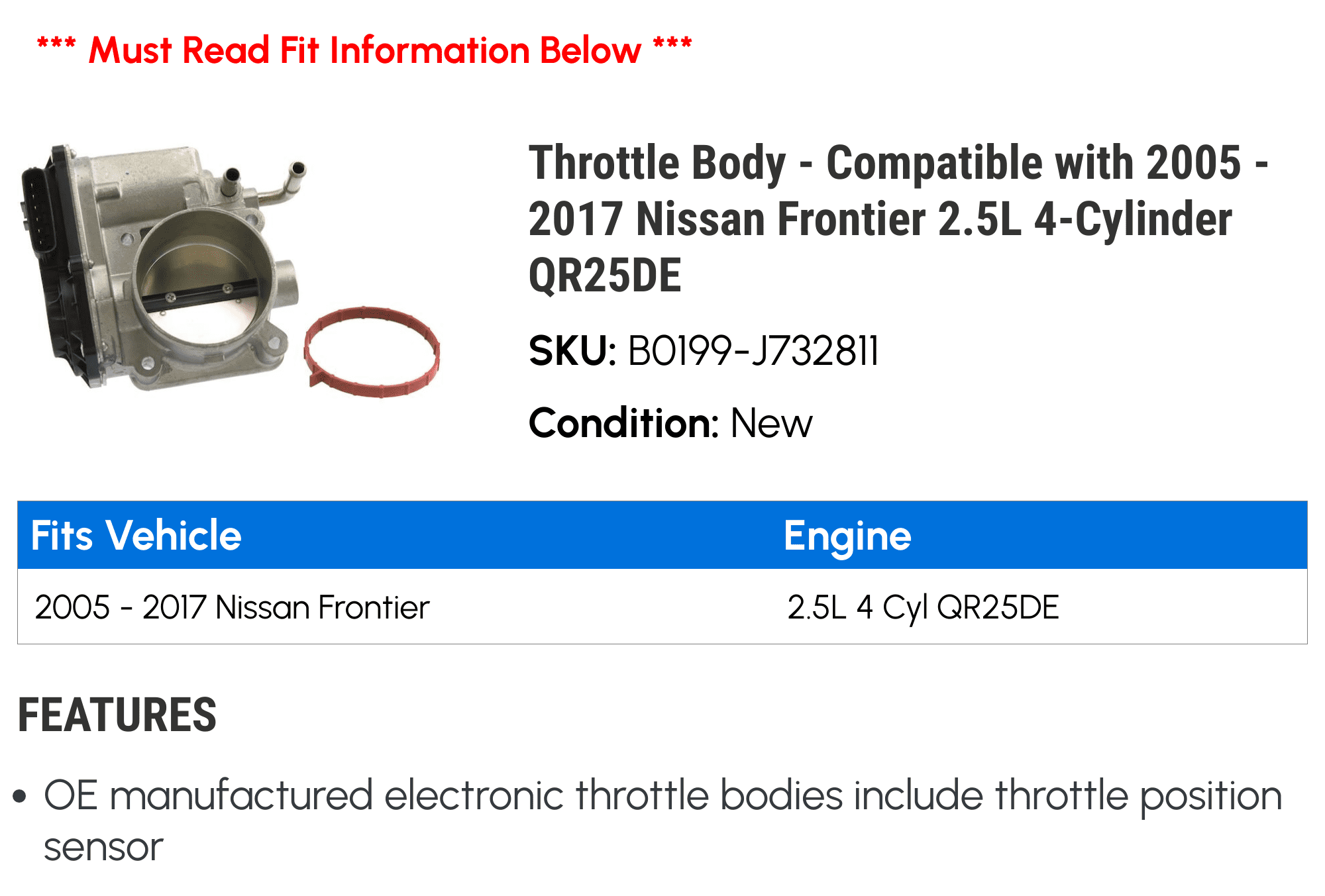 Throttle Body - Compatible with 2005 - 2017 Nissan Frontier