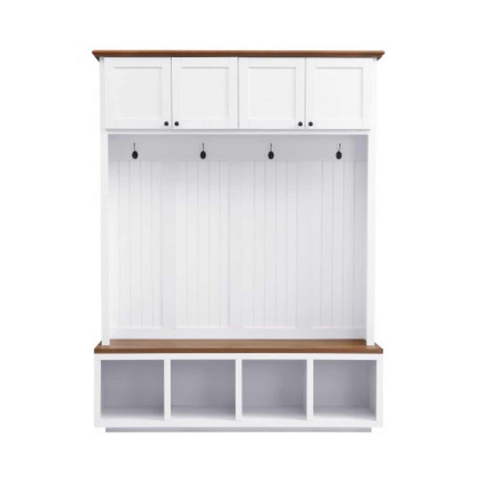 59" Farmhouse Entryway Hall Tree with Bench, 4-in-1 Coat Rack Shoe Storage with 4 Cabinets & Open Compartments, Wood-Grain Hall Tree Organizer with Hooks for Hallway Entryway, White
