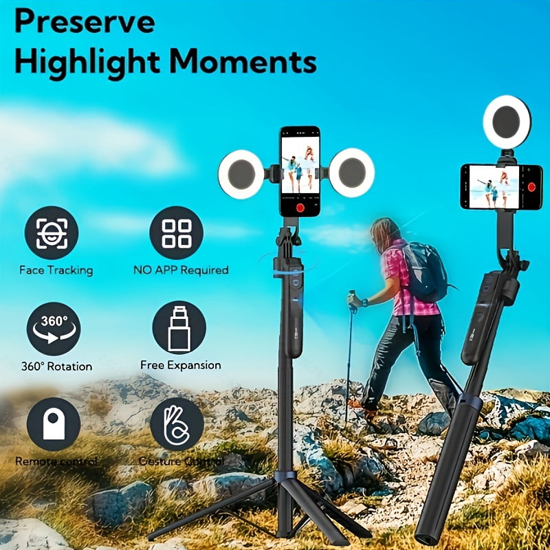 AI Selfie Stick Tripod with Auto Face Tracking, 360° Rotation, Dual Ring Light, Remote, 70" Extendable for iPhone 16/15/14/Pro/Android, Travel Vlog