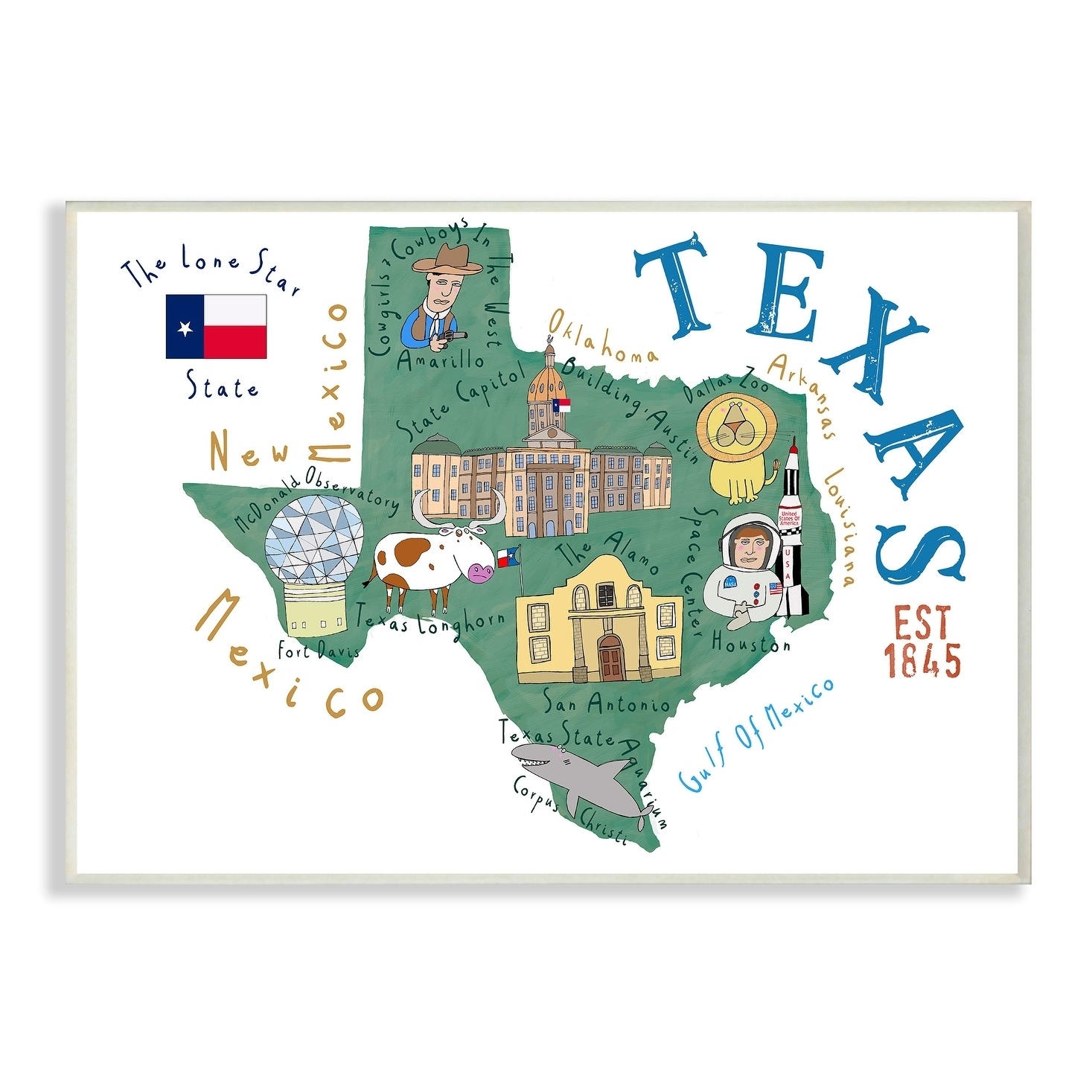 The Stupell Home Decor Texas Landmarks and Flag Illustrated Map Wall Plaque Art