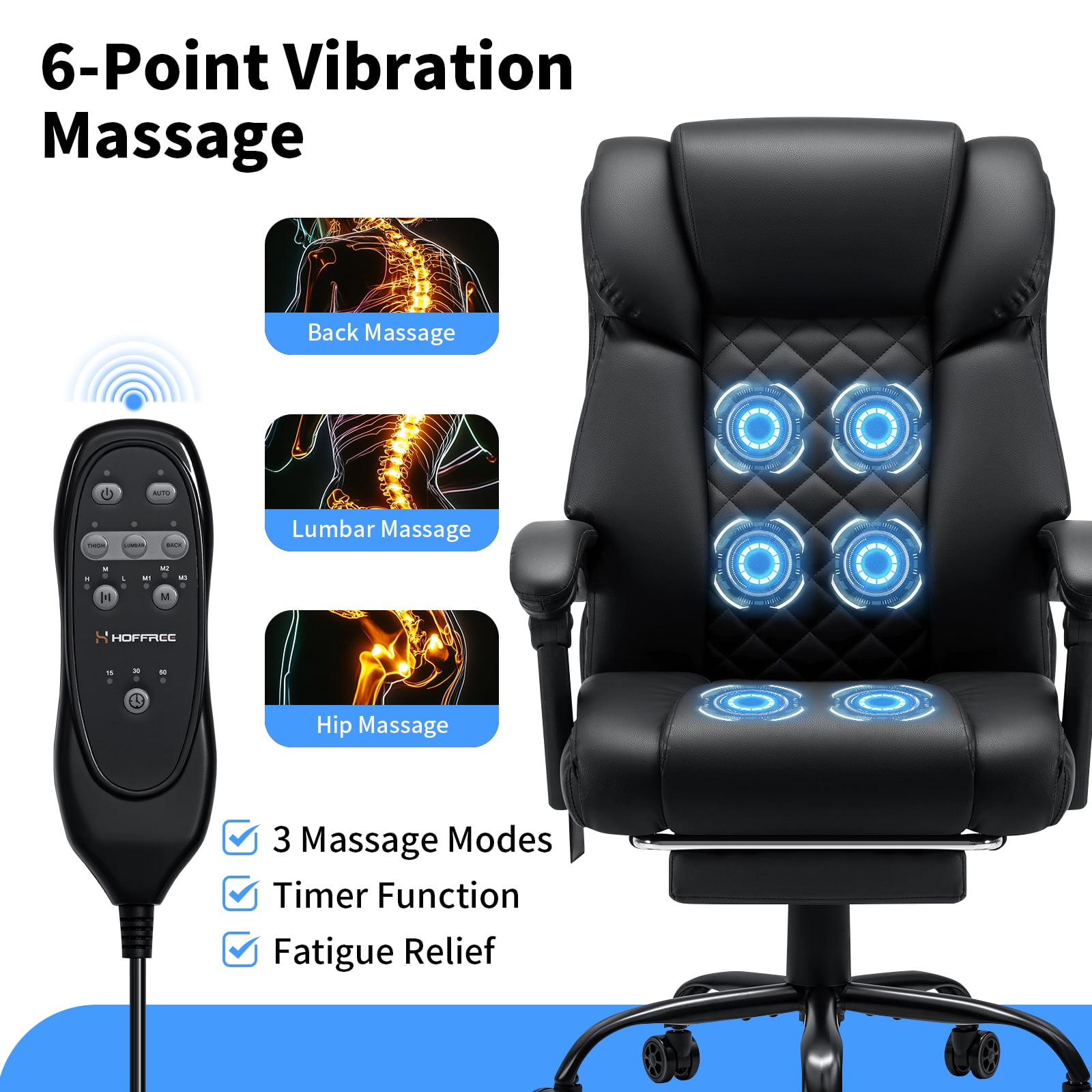 Hoffree Massage ergonomic Office Chair 400LBS, Executive Computer Desk Chair with Footrest , Reclining High Back Leather Office Chair Lumbar Back Support Swivel Rolling for Home Office Black