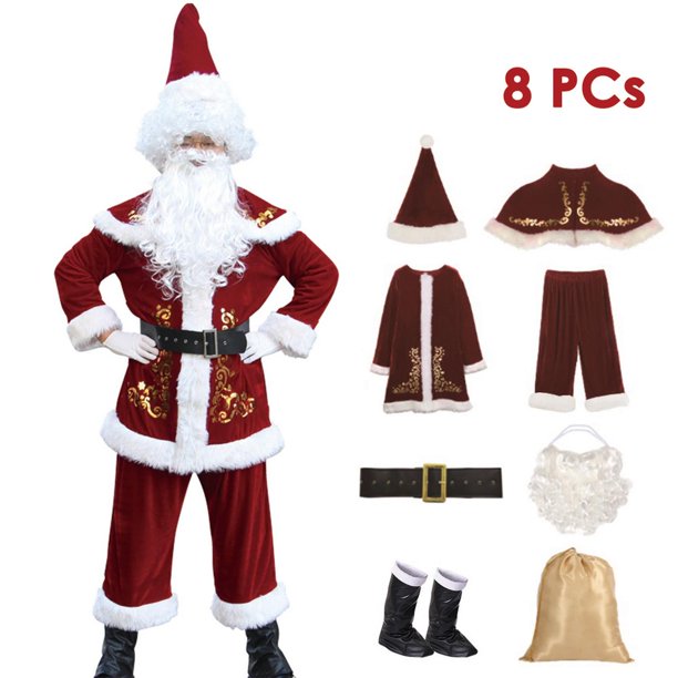 Disfraz de Papá Noel para hombre, traje completo de Navidad para Nochebuena, Cosplay, ropa de fiesta familiar, conjunto de 5-10 piezas