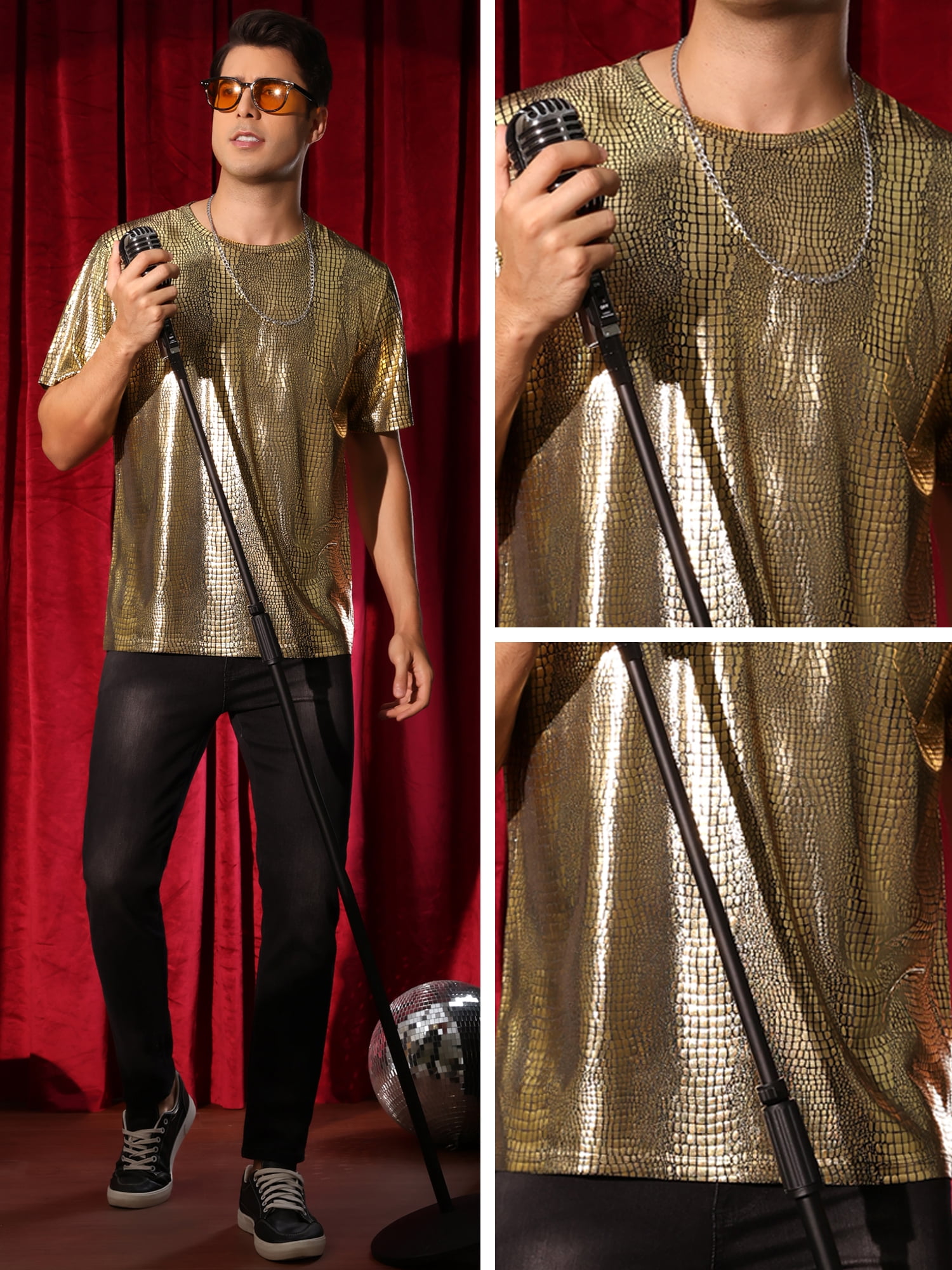 DARING DIVA Men's Metallic Crocodile-Pattern Short Sleeves Disco Party T-Shirt 2XL Golden