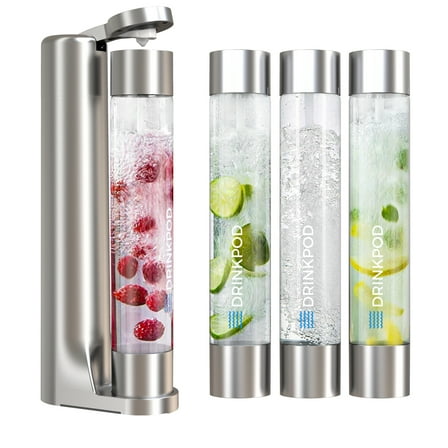 Drinkpod Soda Maker, Fizzy Sparkling Water & Fizzpod Soda Maker with Three 1L Bottles, 3 Caps, 1 Fizz Infuser & Manual - Silver