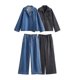 thumbnail image 2 of HH TRAF Conjunto de 2 piezas para mujer, abrigo elegante de manga larga con solapa y bolsillo, top de mezclilla con cordones, cintura elástica, pantalones holgados de pierna ancha sólidos para mujer, 2 of 4