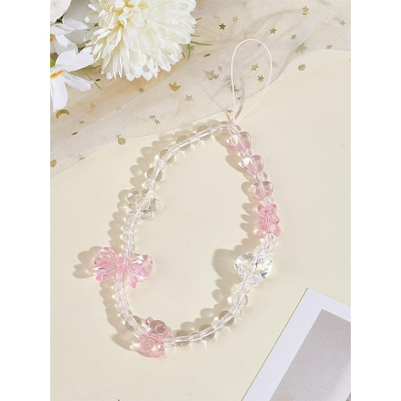 1Pc Heart & Bowknot Acrylic Mobile Straps for Women Phone Decorations Charm Pink 220mm