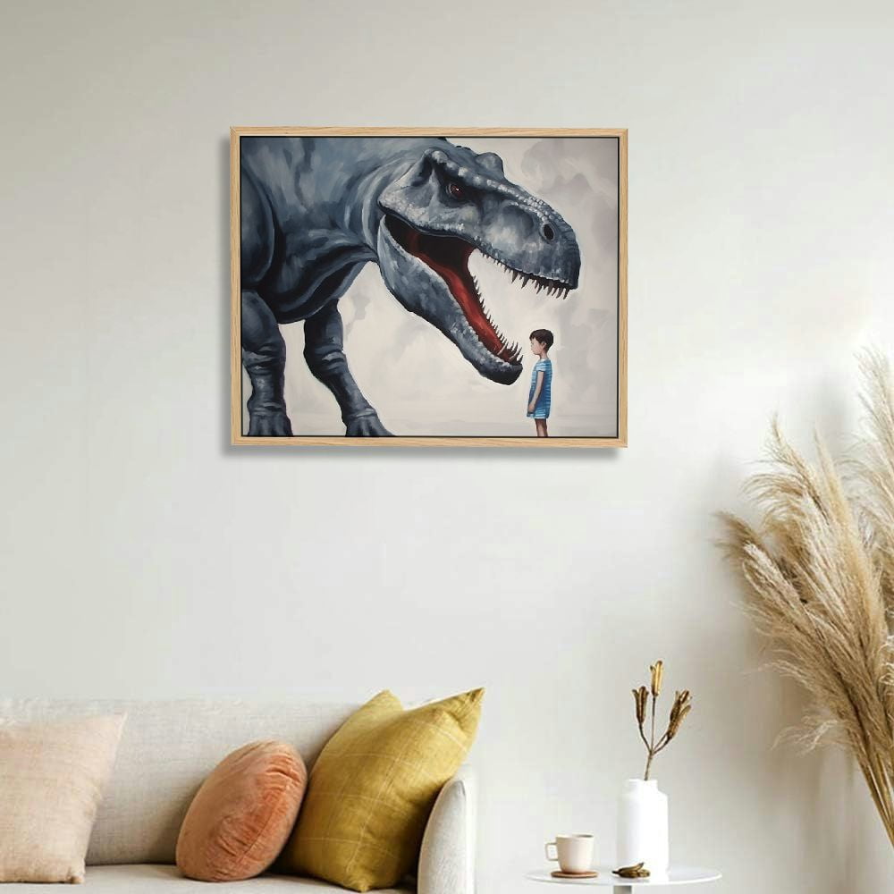 JRXY Dinosaur Canvas Wall Art - Cute Baby Boy Touching Dinosaur - Stretched and Framed Ready to Hang - Artworks Pictures for Home Bathroom Kids Room Bedroom Decor Picture 3